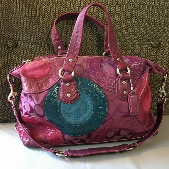 COACH Berry/Teal Pieced Patchwork Ashley Satchel